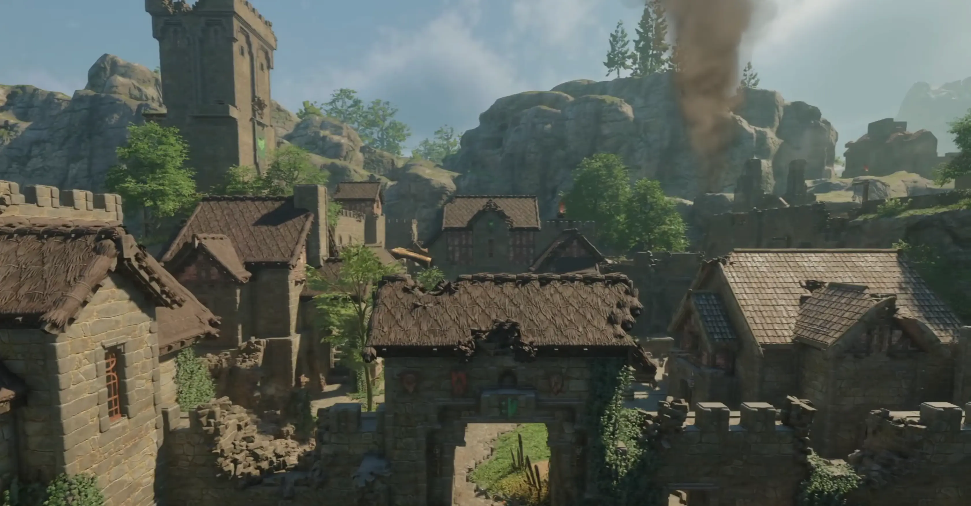 Enshrouded base building at Fort Kelvin — restored town with NPC housing, crafting stations, and Flame Altar placement