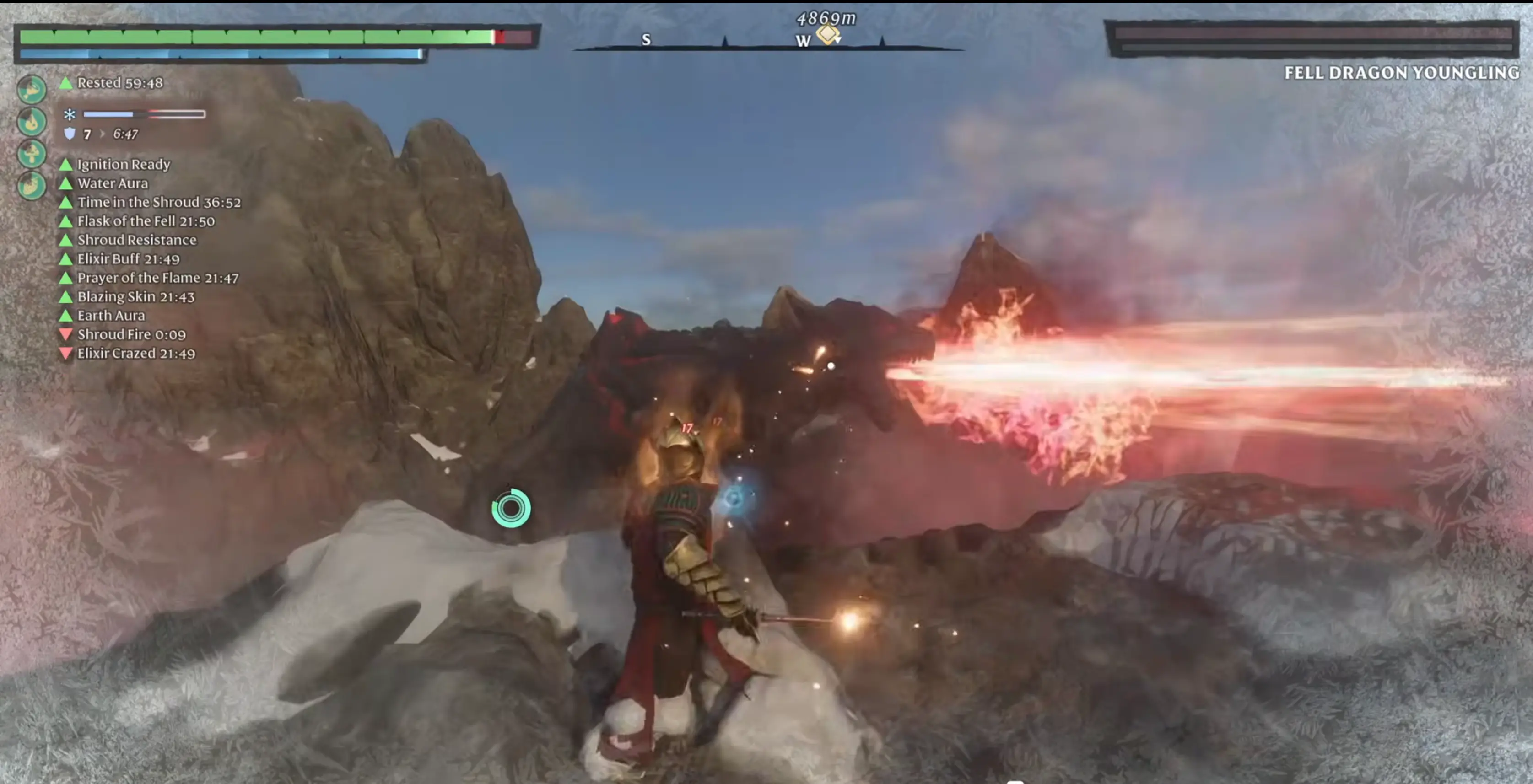 Enshrouded Fell Dragon boss fight — solo strategy with Wand and Shield, using pillars for cover against fire breath attacks