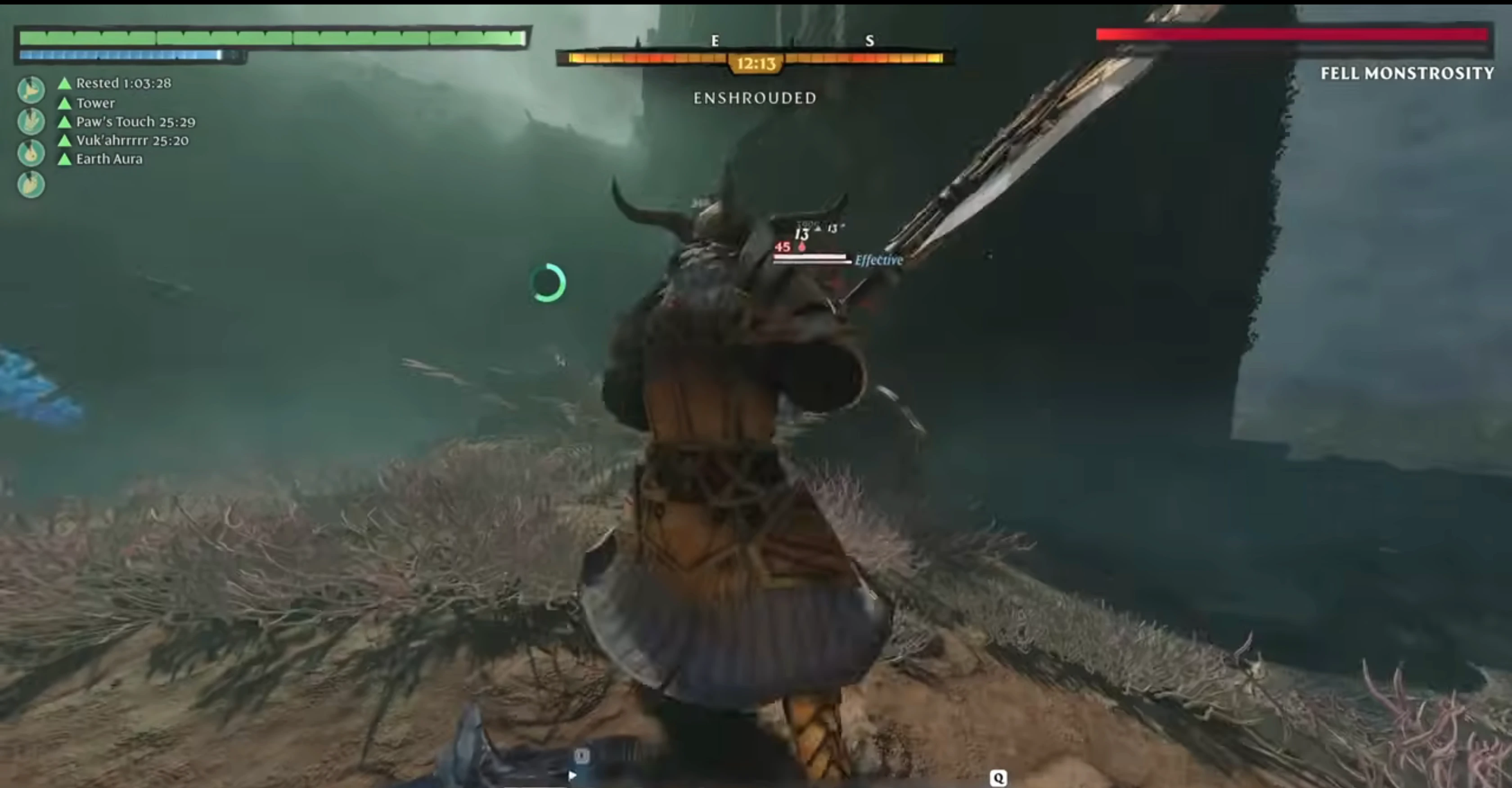 Enshrouded Barbarian melee tank build in combat — two-handed greatsword against boss, showing heavy armor and Battle Heal sustain