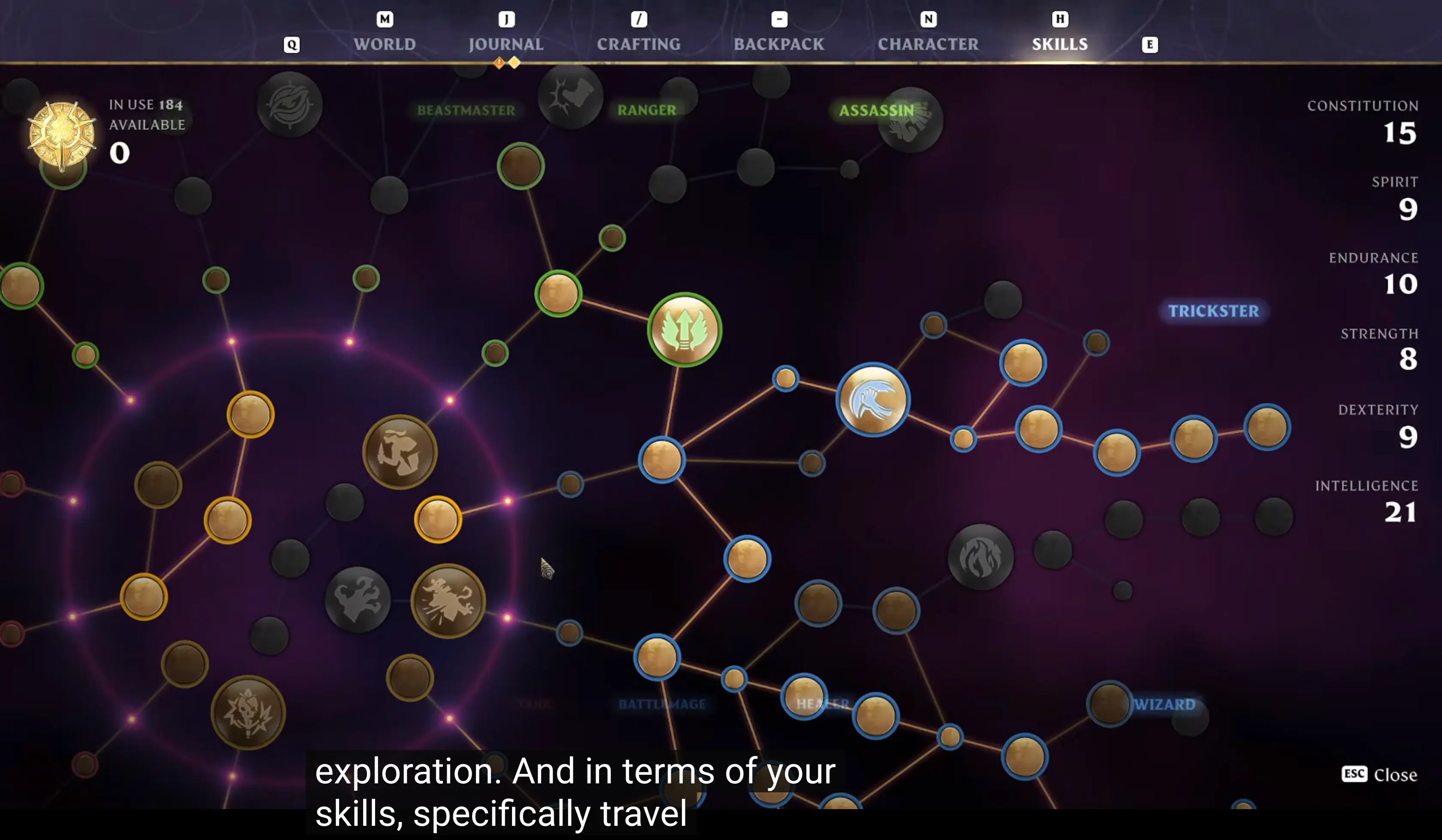 Enshrouded skill tree interface showing all seven skill trees — Survivor, Assassin, Healer, Tank, Trickster, Mage, and Center