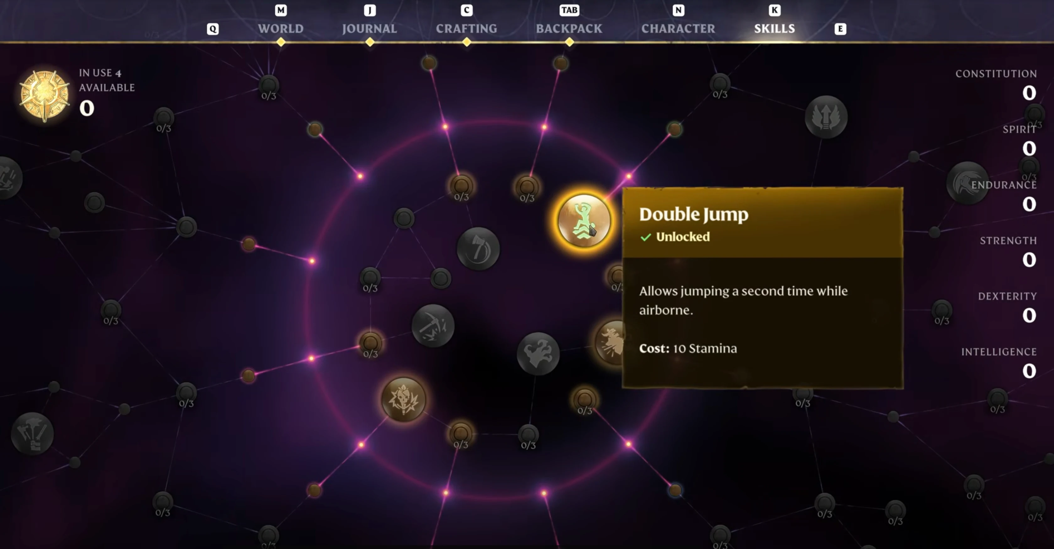 Enshrouded starter build skill tree allocation — first 20 skill points in Survivor and Center trees showing Double Jump, Water Aura, and Blink