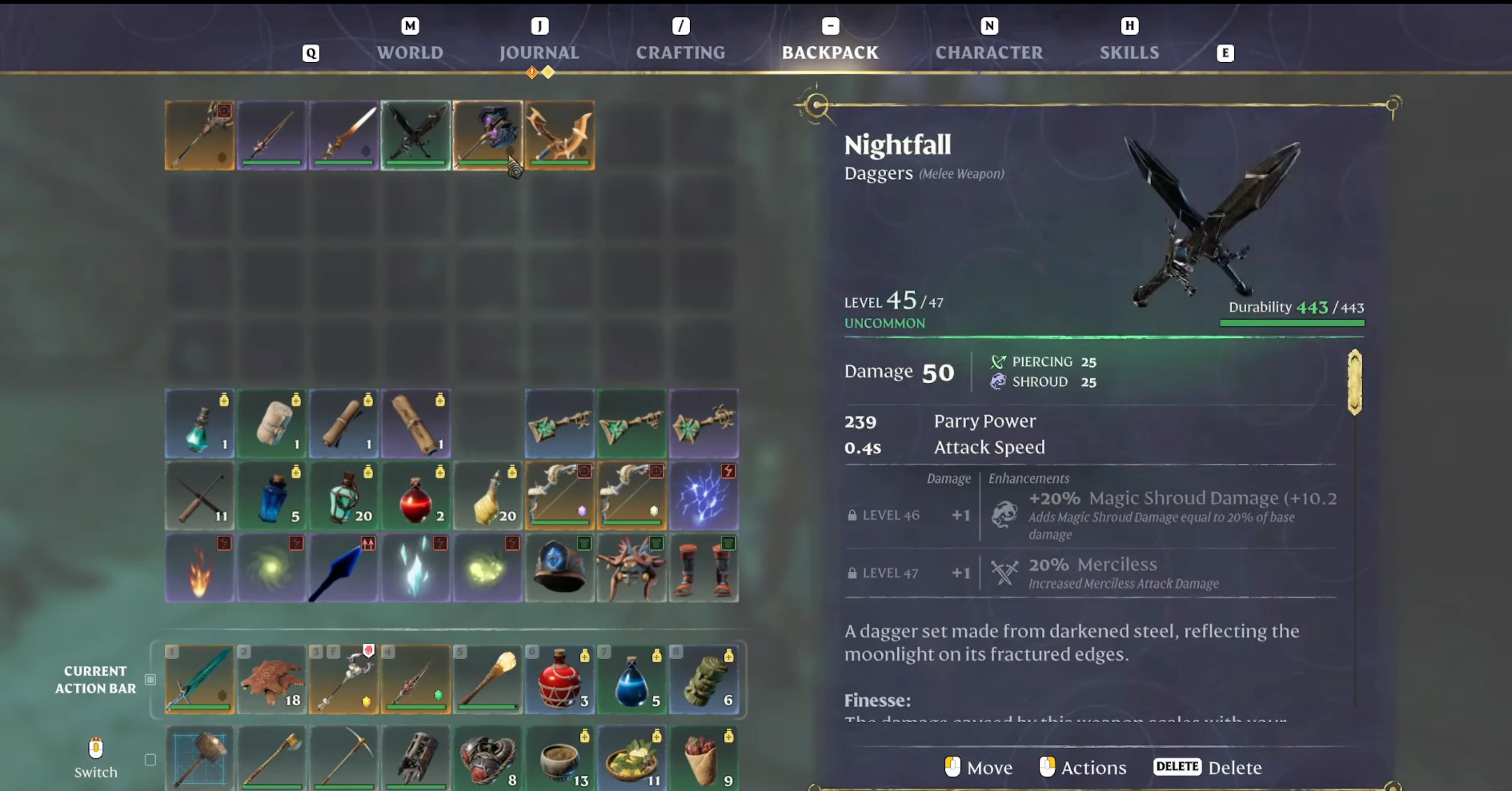 Enshrouded weapon inventory showing legendary weapons comparison — Ritual Tempest Wand, Guard of the North Sword, Shroud Weaver Staff stats